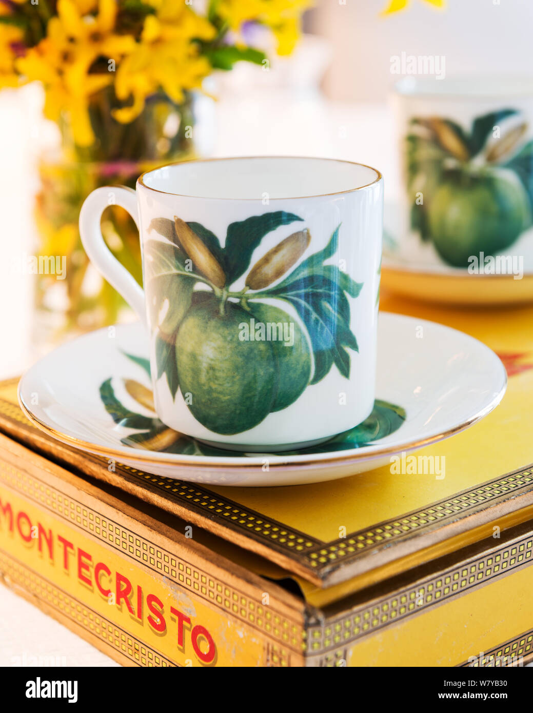 Coffee up from Jenny Mein's breadfruit collection on Montecristo cigar box Stock Photo