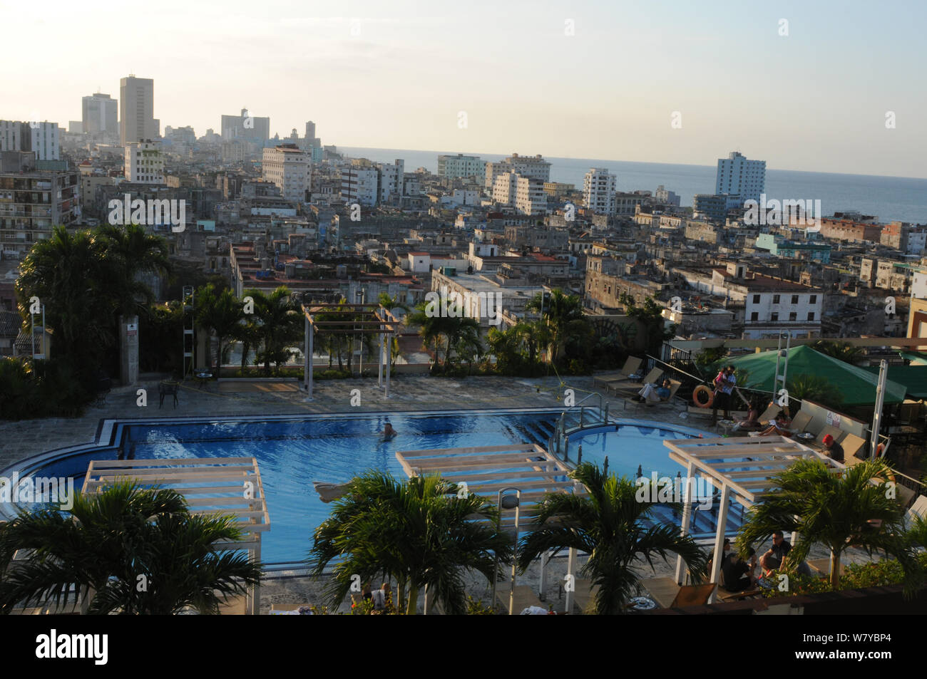 Cuba: The poool view from Melia Hotel in Havanna City Stock Photo