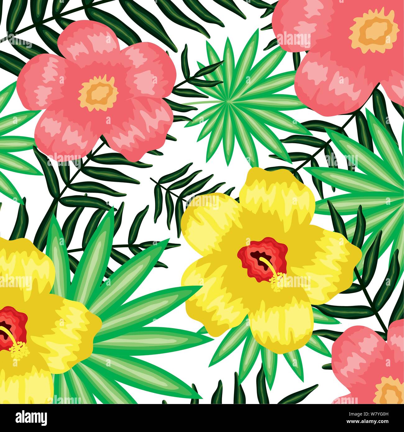 tropical flowers and leafs plants pattern background vector ...