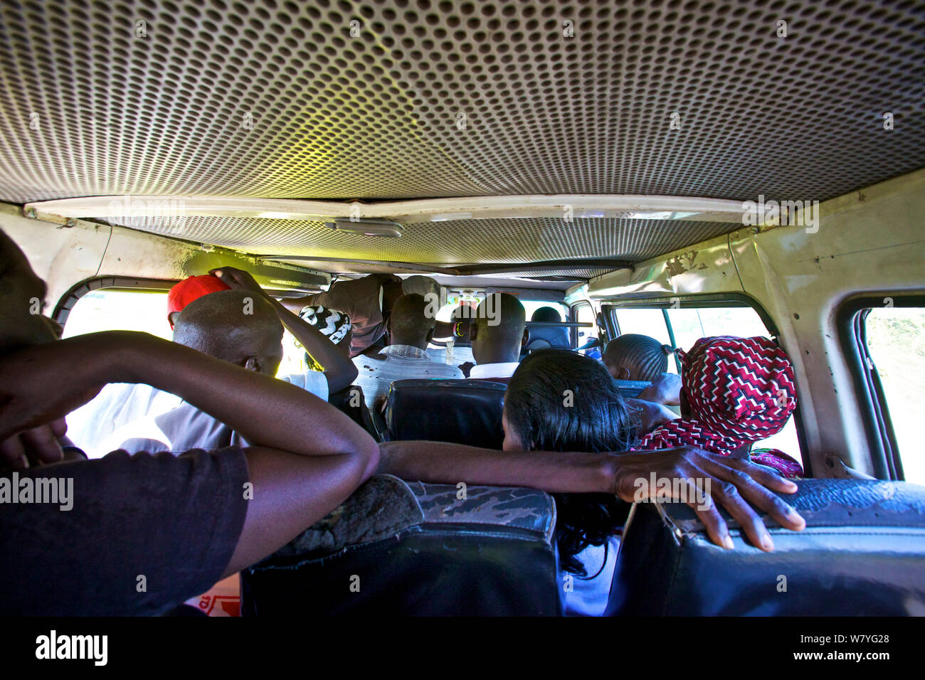 View from the back of a Matatu mini van taxi, Kenya. February 2013. Stock Photo