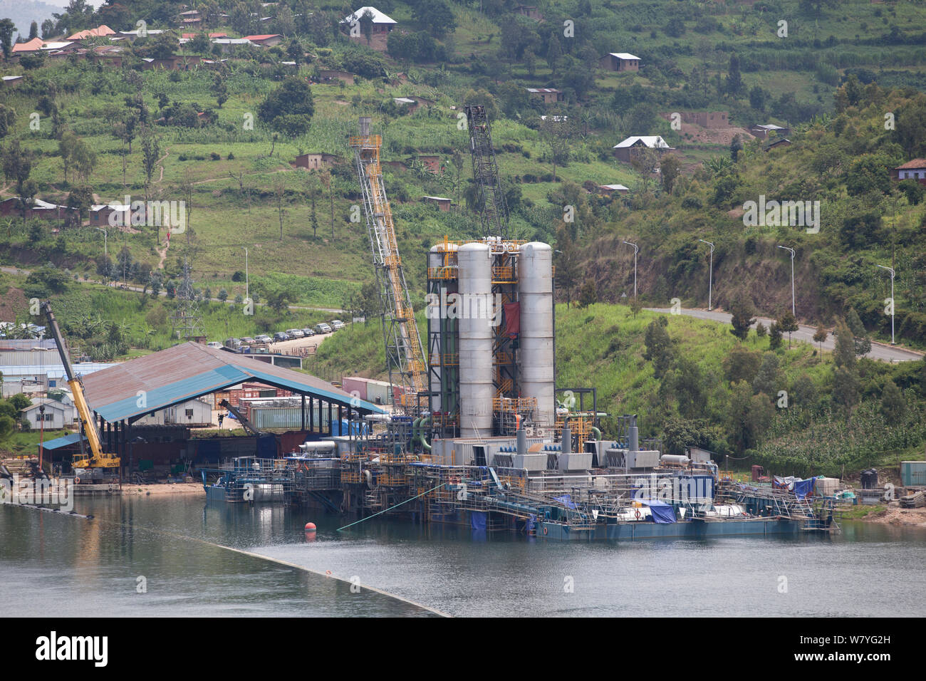 Kivuwatt biogas plant under construction. The plant will remove methane from the waters of Lake Kivu and power three genrators to produce 26MW of electricity. Kibuye, Rwanda, November 2014. Stock Photo