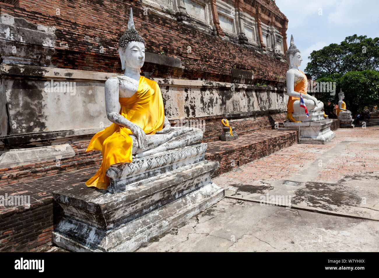Statues of Buddha (in Calling the Earth to Witness posture) with yellow sashes, at Wat Yai Chaya Mongkol, Ayutthaya, Thailand, September 2014. Stock Photo