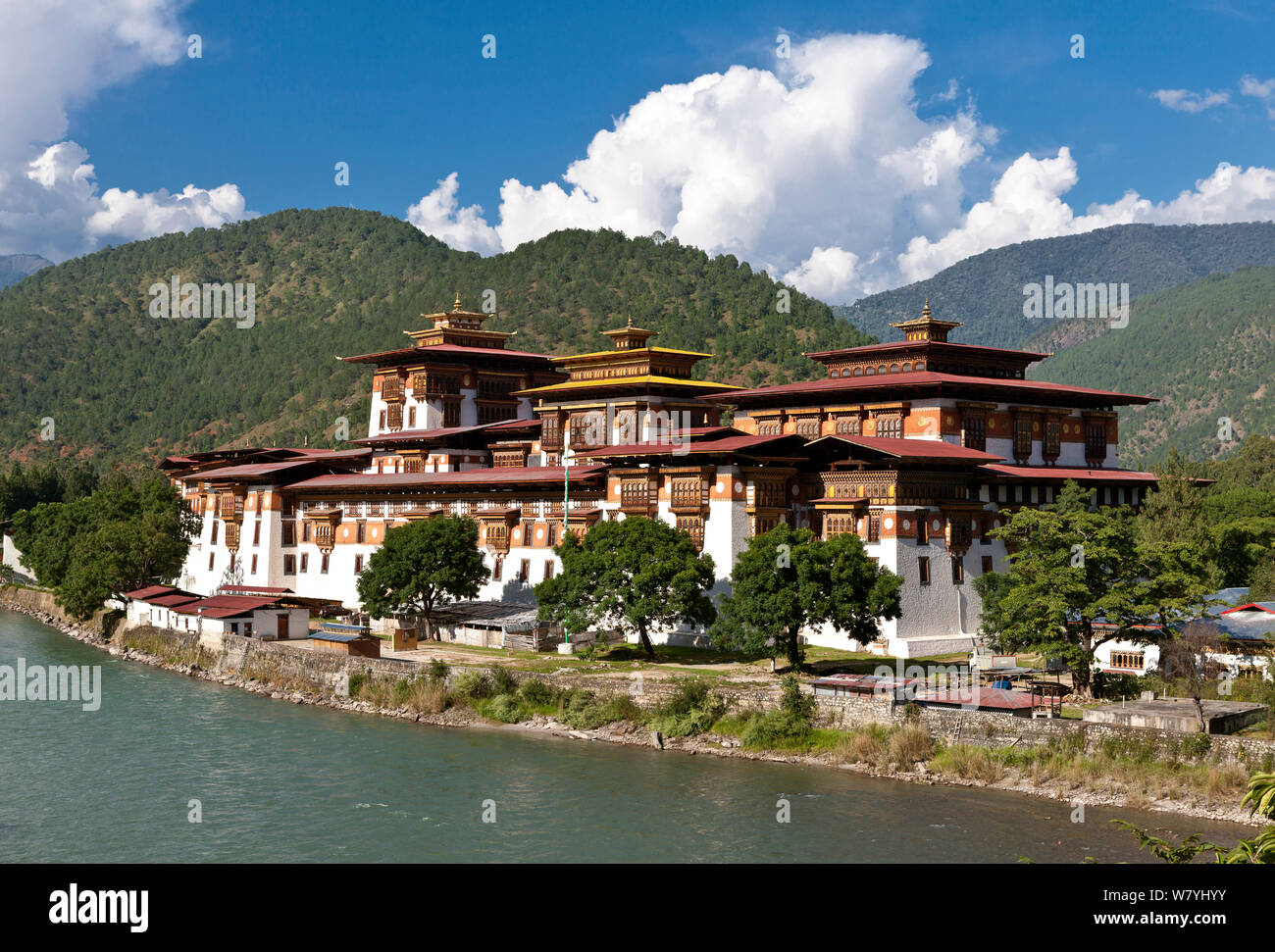 Punakha Dzong, built on the confluence of the Mo Chhu and Pho Chhu River. Bhutan, October 2014. Stock Photo