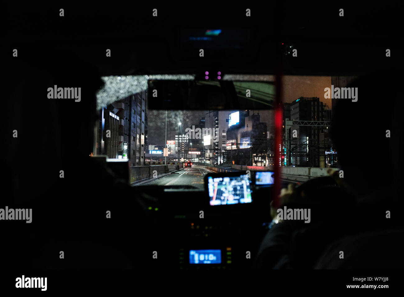Night shot of taxi interior in Tokyo, Japan Stock Photo