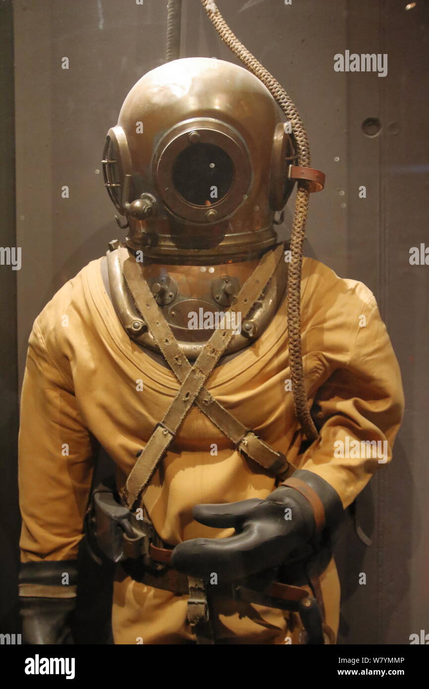 Ancient diver's wetsuit in the museum of Stockholm, capital of Sweden Stock Photo