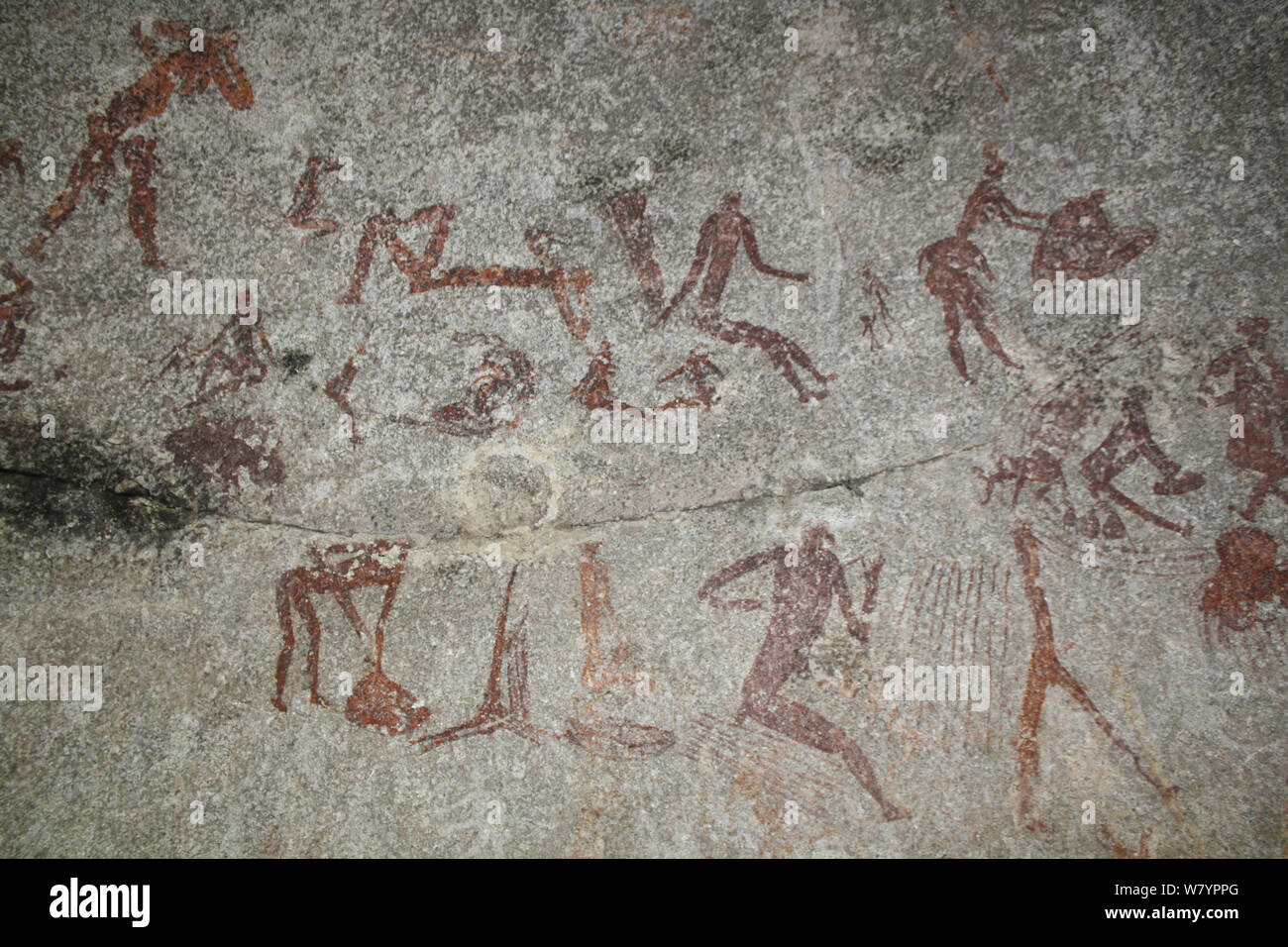 San rock paintings of human figures, Matobo Hills, Zimbabwe. January 2011. Stock Photo