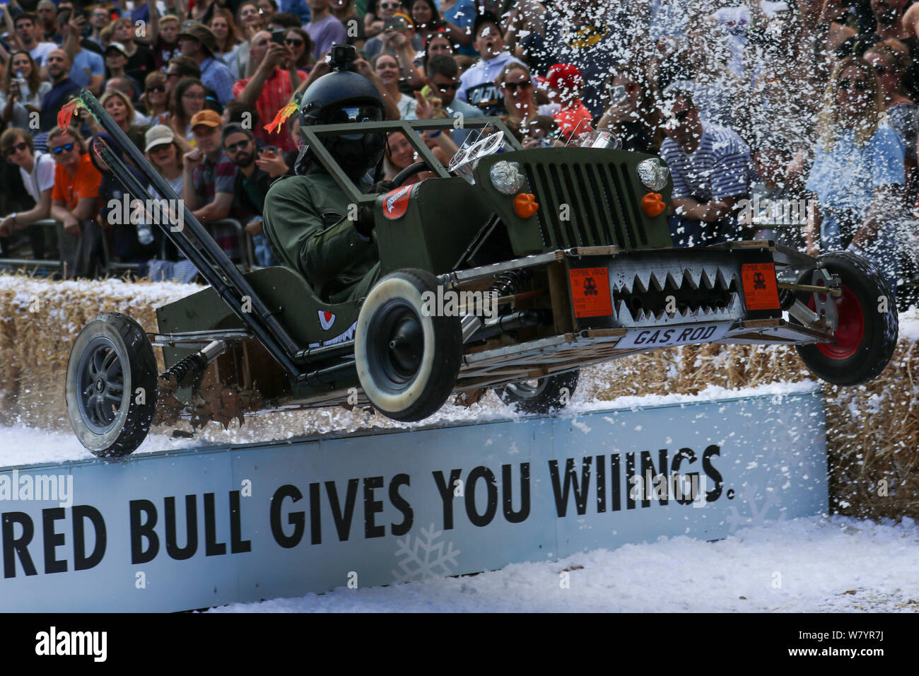 Team Gas Gas Gas, winners of 2019 Bull Soapbox Race, pass over final jump on the course at Alexandra Palace Stock Photo - Alamy