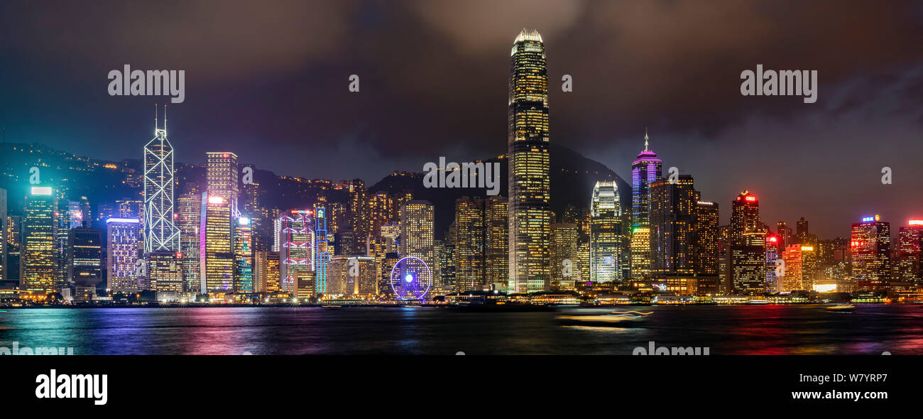 Skyline at Victoria Harbour at night, Hong Kong, SAR, China Stock Photo