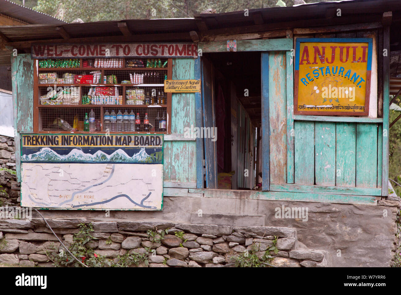 Village shop on tourist trekking route. Birethanti, Modi Khola Valley, Himalayas, Nepal. November 2014. Stock Photo