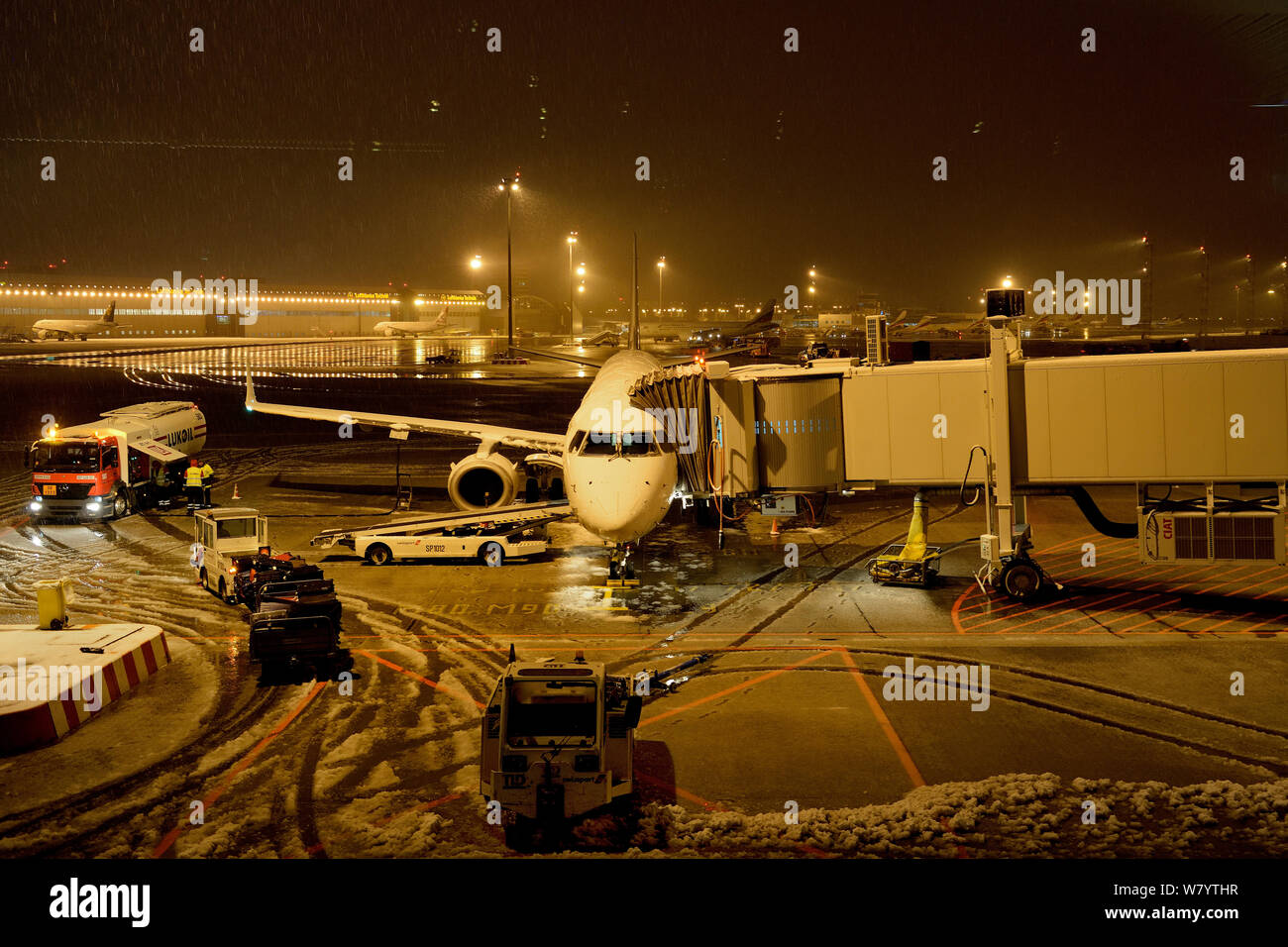 Airport in snow, Sofia, Bulgaria, February. Stock Photo