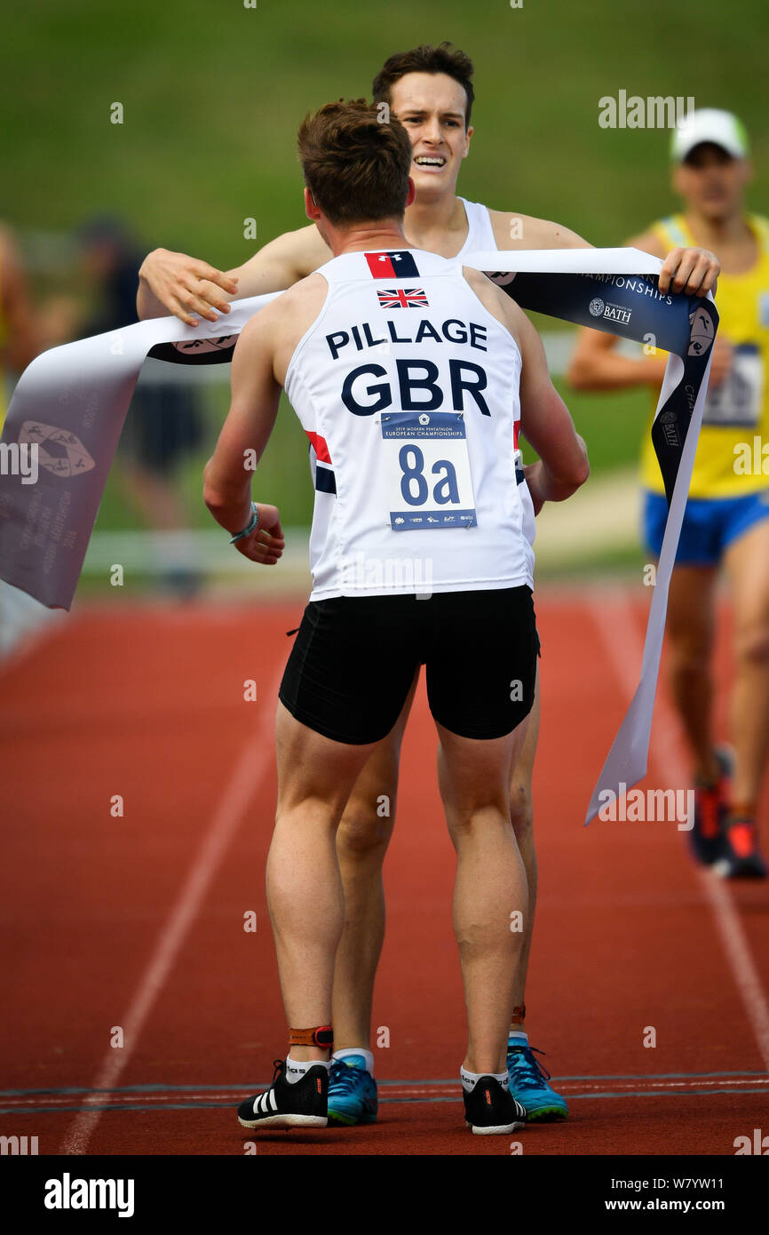 Great Britain's Myles Pillage greets his team-mate Oliver Murray as he  crosses the Laser Run finish line to win European Championship Men's Relay  Gold during day two of the 2019 European Modern