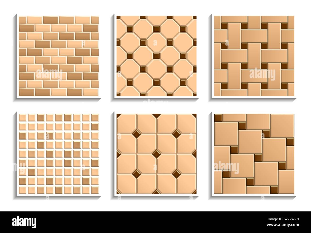 Set of seamless floor and wall tiles textures. Vector repeated patterns of mosaic, subway, brick, hopscotch, octagon, dot, basketweave Stock Vector
