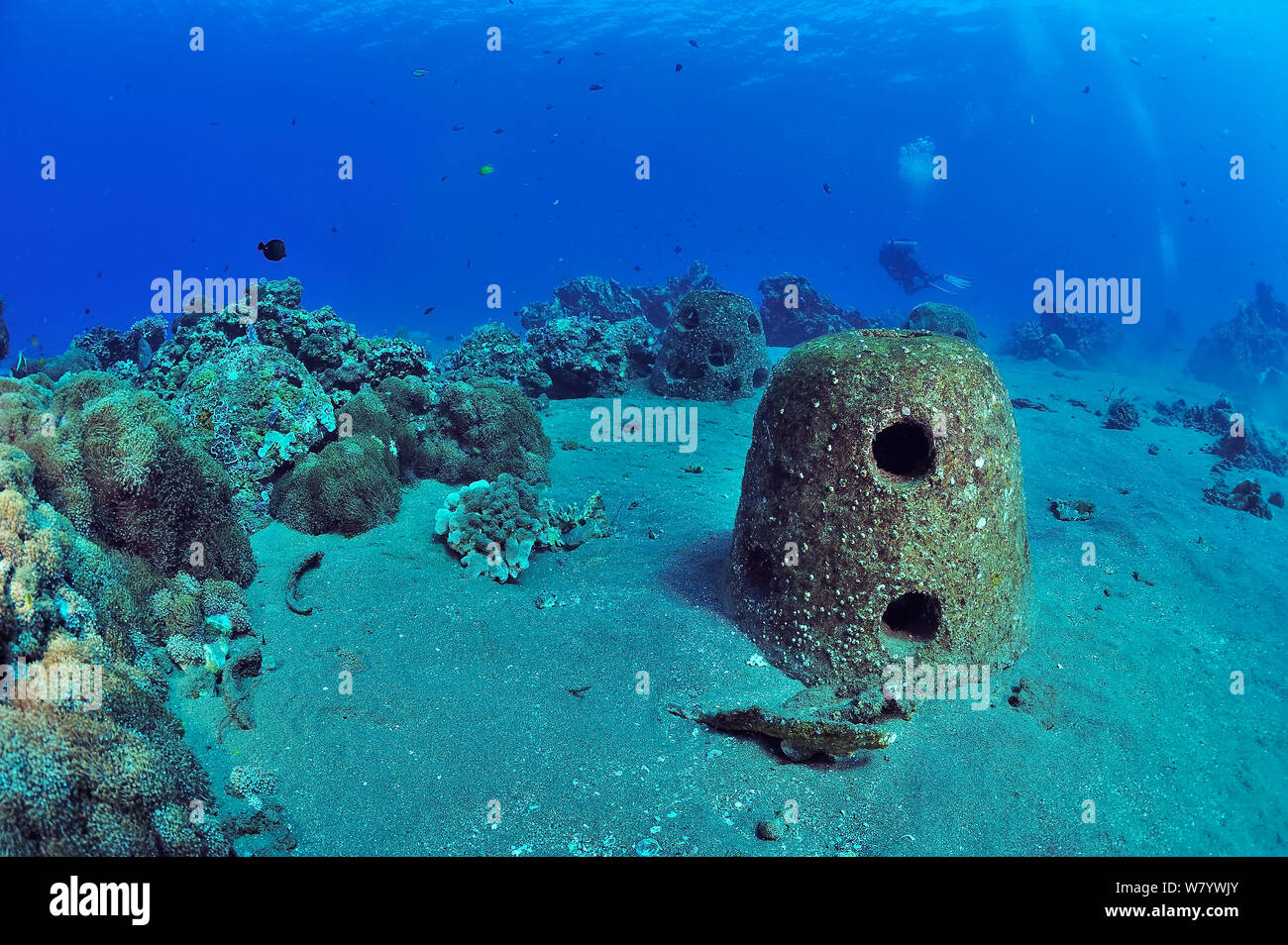 Concrete reef balls sunk to build an artificial reef, Philippines, Sulu Sea. August 2014. Stock Photo