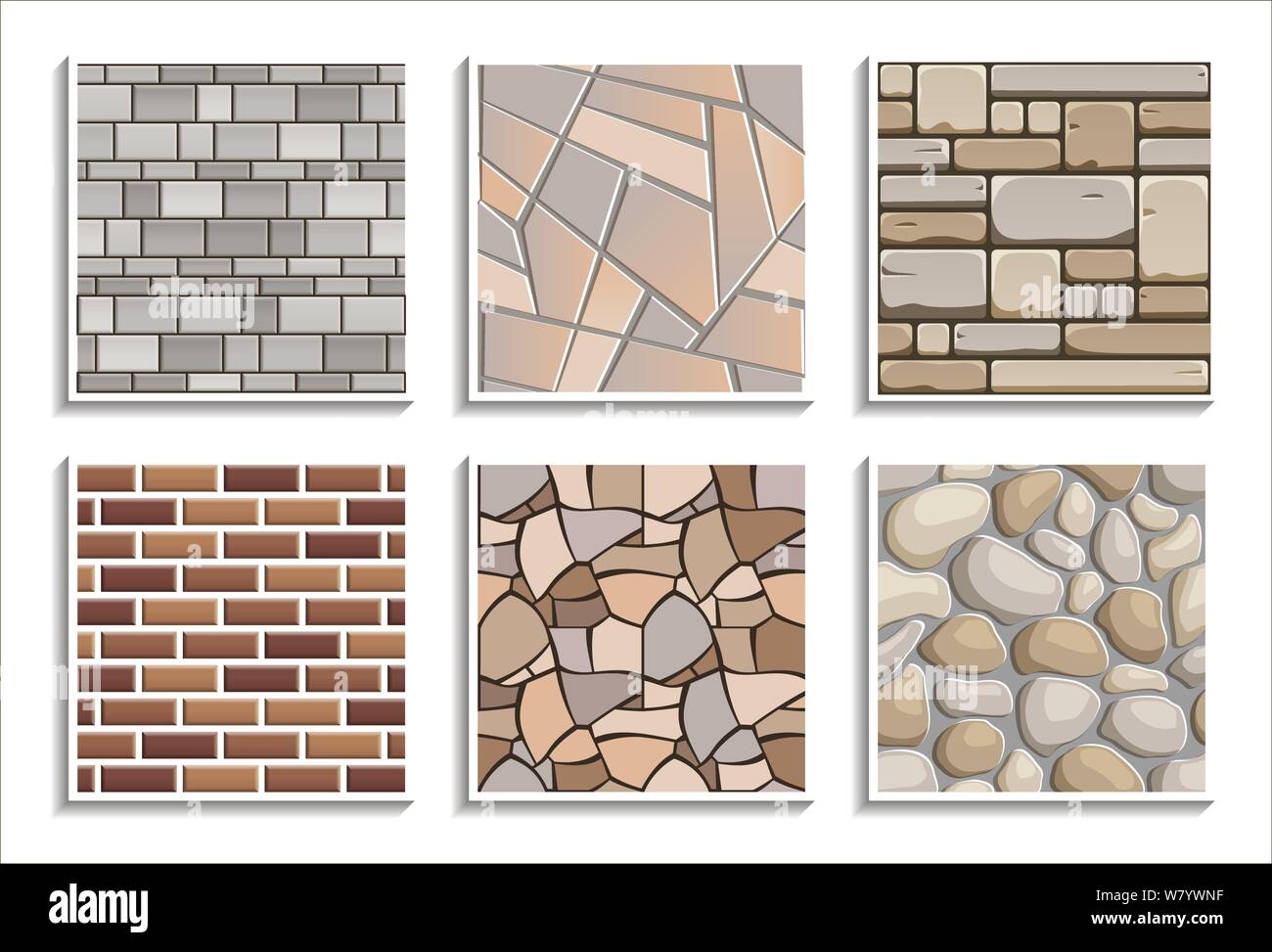 Set of seamless stone textures. Vector repeated patterns of 3D brick material Stock Vector