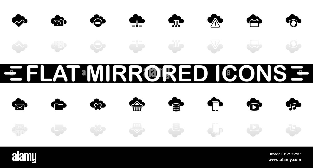 Computing Cloud icons - Black symbol on white background. Simple illustration. Flat Vector Icon. Mirror Reflection Shadow. Can be used in logo, web, m Stock Vector