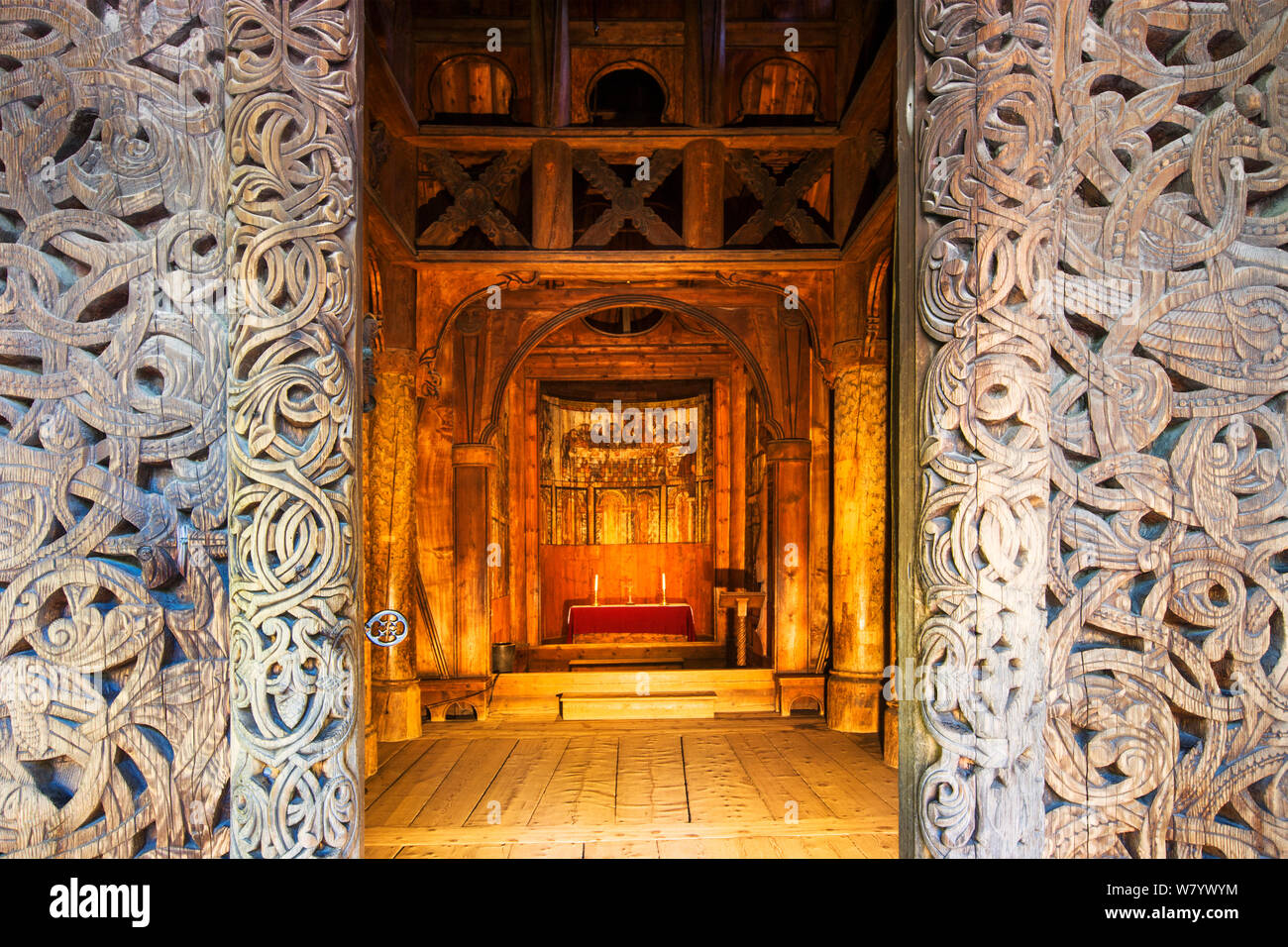 Gol stave church, seen from the doorway, originally from Gol, Hallingdal, but now located in the Norwegian Museum of Cultural History, Bygdoy, Oslo, Norway. May 2007. Stock Photo