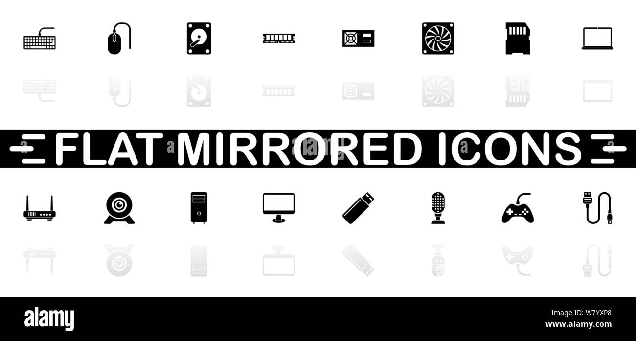 Hardware icons - Black symbol on white background. Simple illustration. Flat Vector Icon. Mirror Reflection Shadow. Can be used in logo, web, mobile a Stock Vector