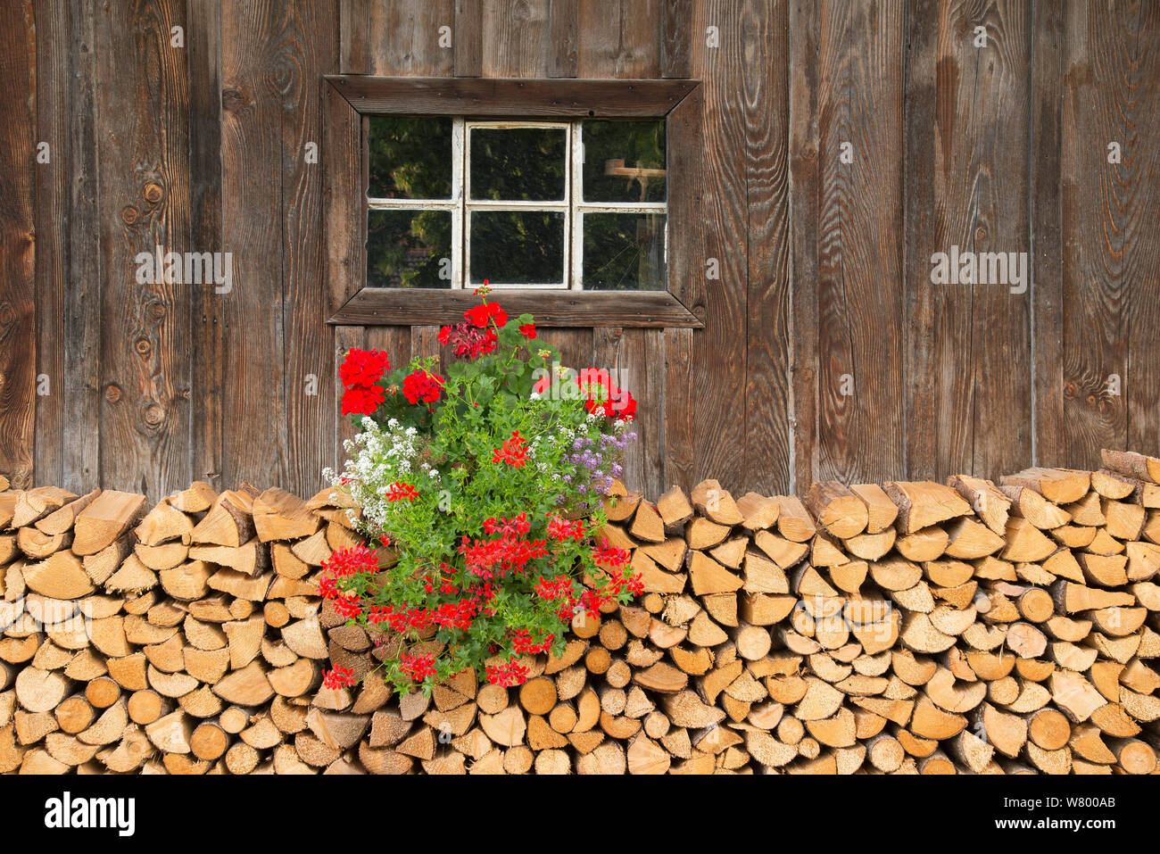 Fenster mit Geranien und Holzstapel in den Bayerischen Alpen Stock Photo