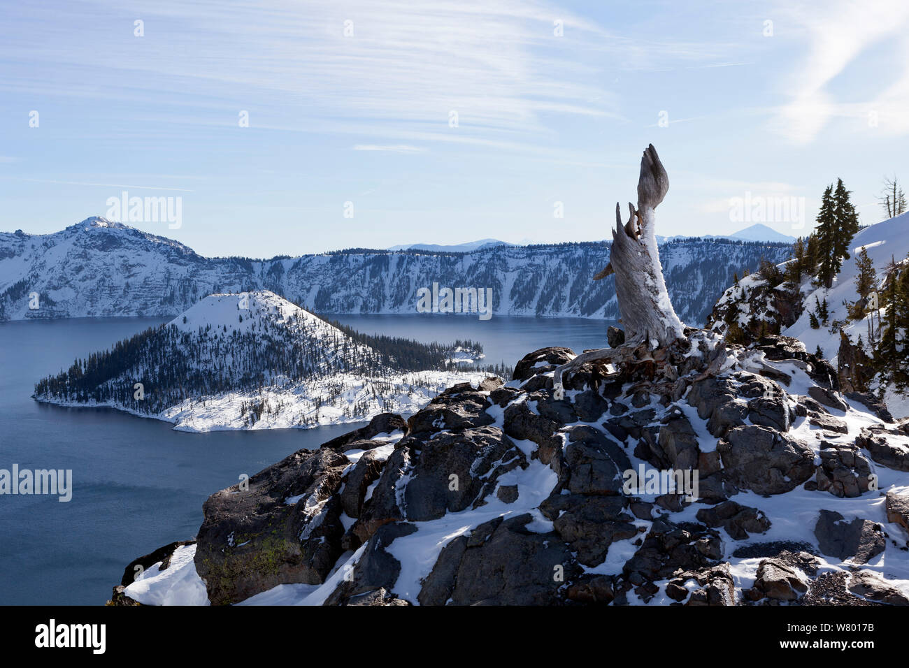 Crater Lake and Wizard Island, Merriam Point, Crater Lake National Park, Oregon, USA. January 2015. Stock Photo
