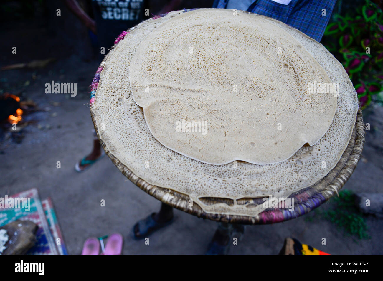 Injera, tradicional ethiopian food flatbread, Ari village. Omo Valley. Ethiopia, November 2014 Stock Photo