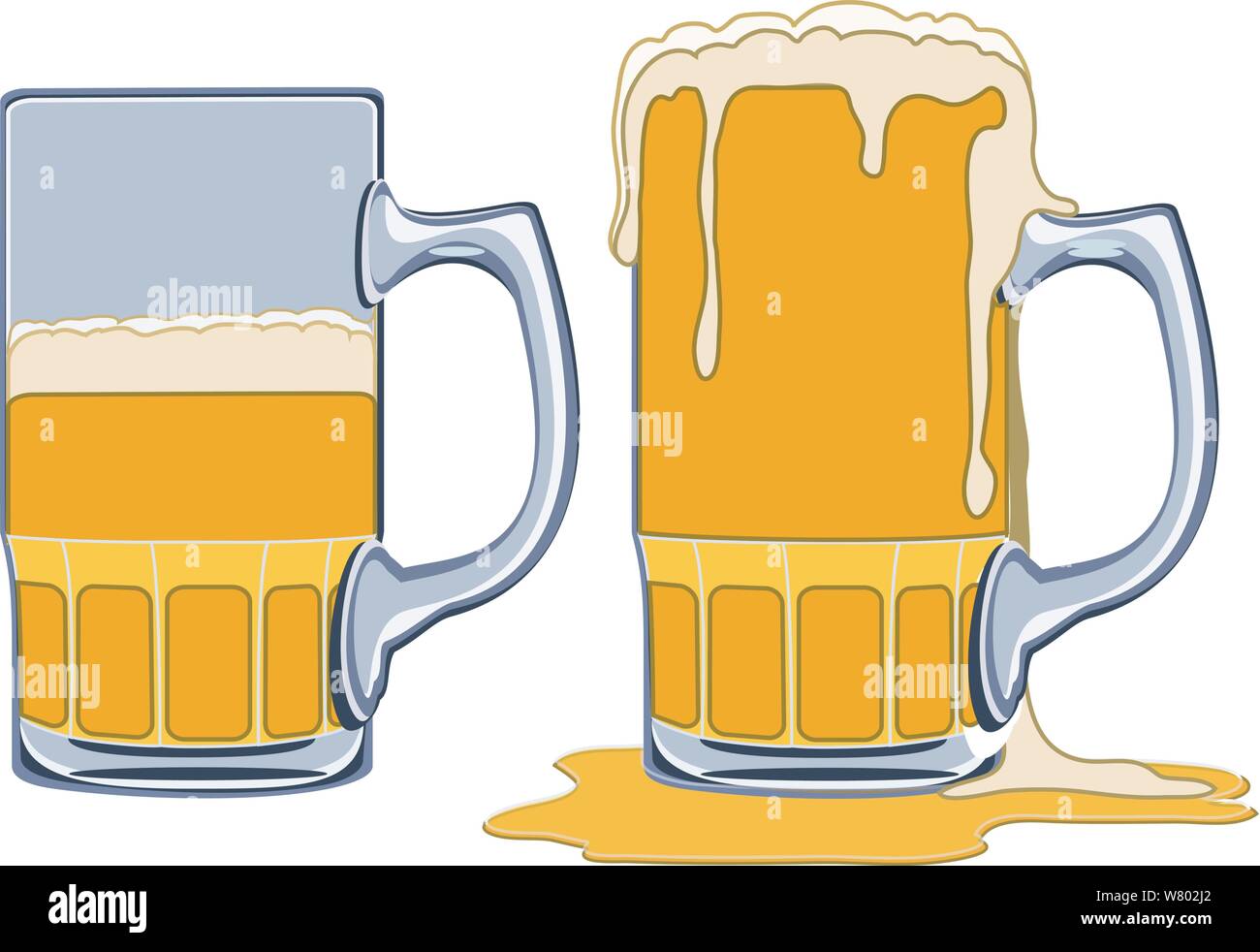 Beer Glass Half Full or half empty. One mug is overflowing and spilling over onto the ground. Stock Vector