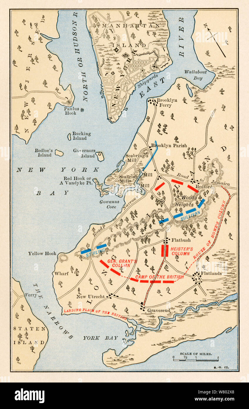 Battle of Long Island battlefield map, Revolutionary War. Color lithograph Stock Photo