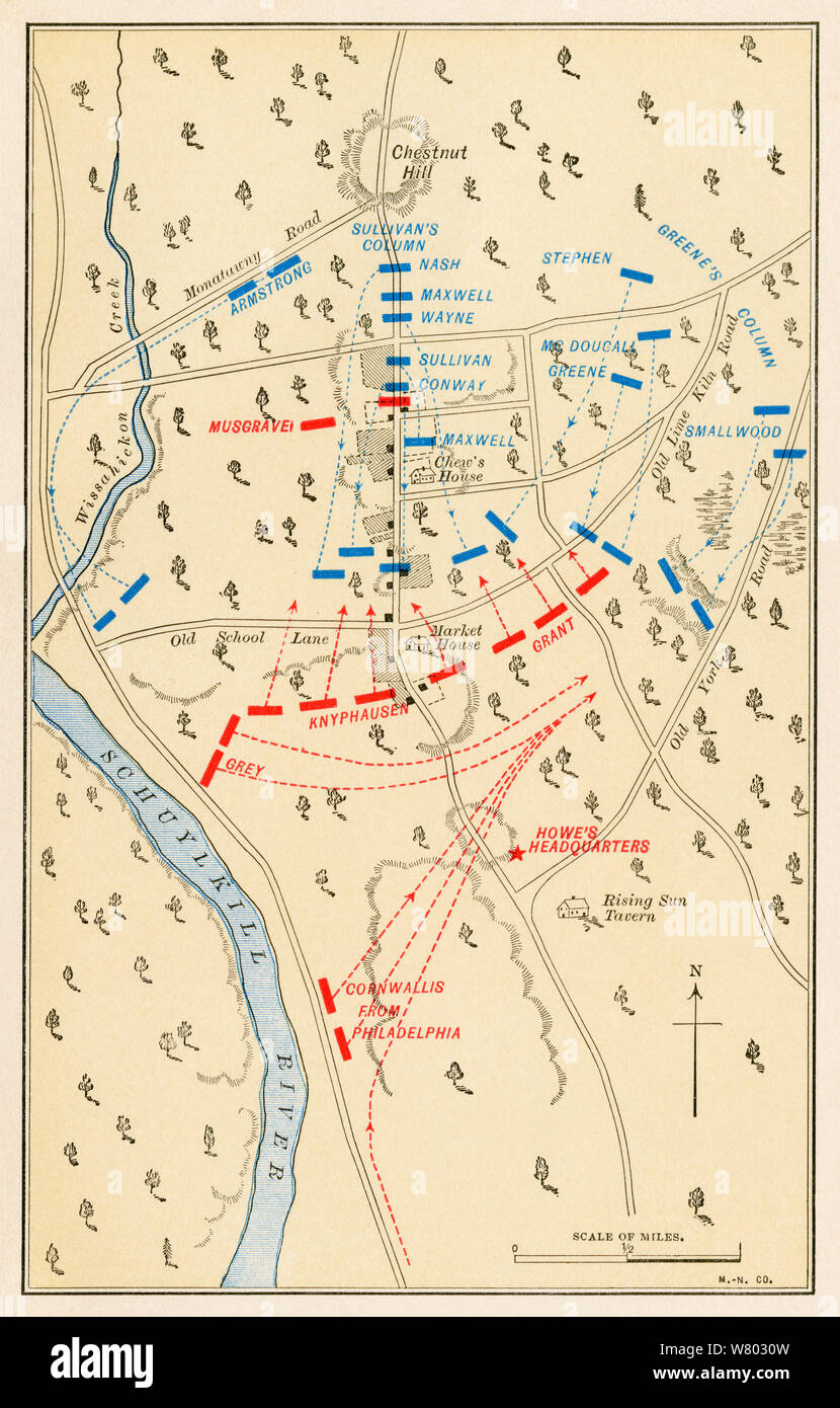 Germantown battlefield map, Revolutionary War. Color lithograph Stock Photo