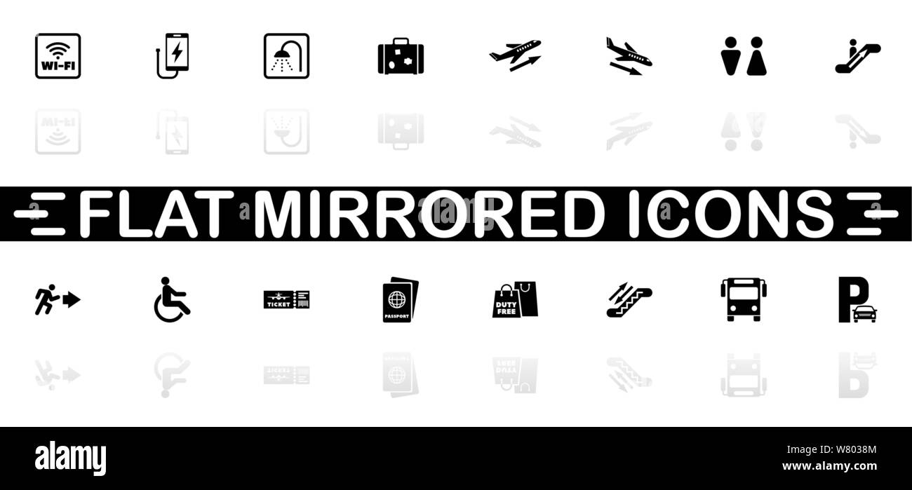 Airport icons - Black symbol on white background. Simple illustration. Flat Vector Icon. Mirror Reflection Shadow. Can be used in logo, web, mobile an Stock Vector