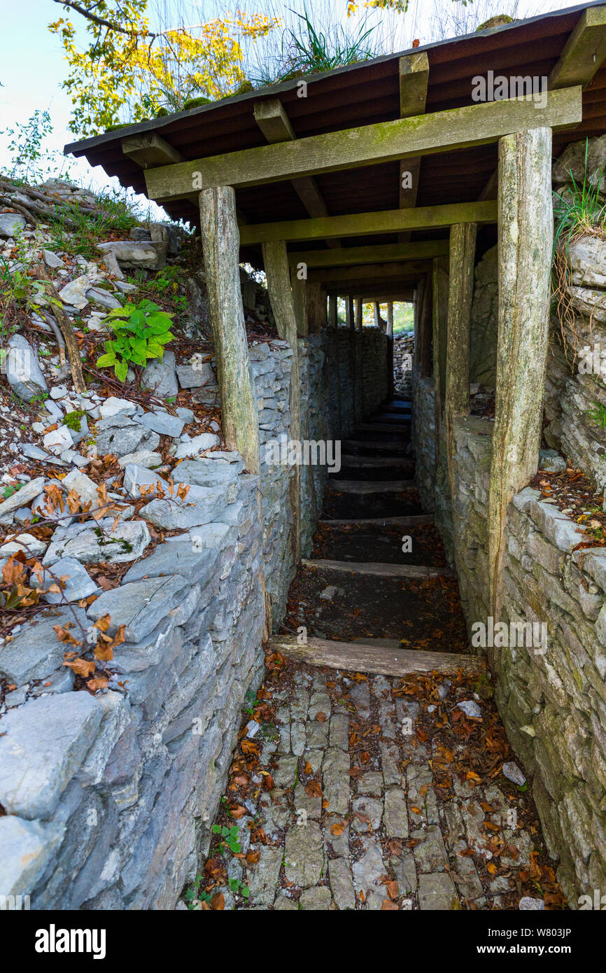 Mengore Hill Museum, the cleaned and restored remains of the first Austro-Hungarian line of defense from the First World War,. Walk of Peace, Soca Valley, Julian Alps, Slovenia, October 2014. Stock Photo