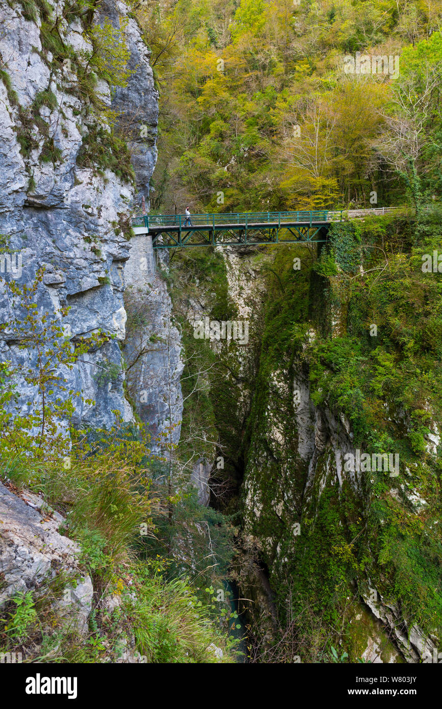 Devil&#39;s Bridge, Tolmin Gorges, Soca Valley, Triglav National Park, Julian Alps, Slovenia, October 2014. Stock Photo