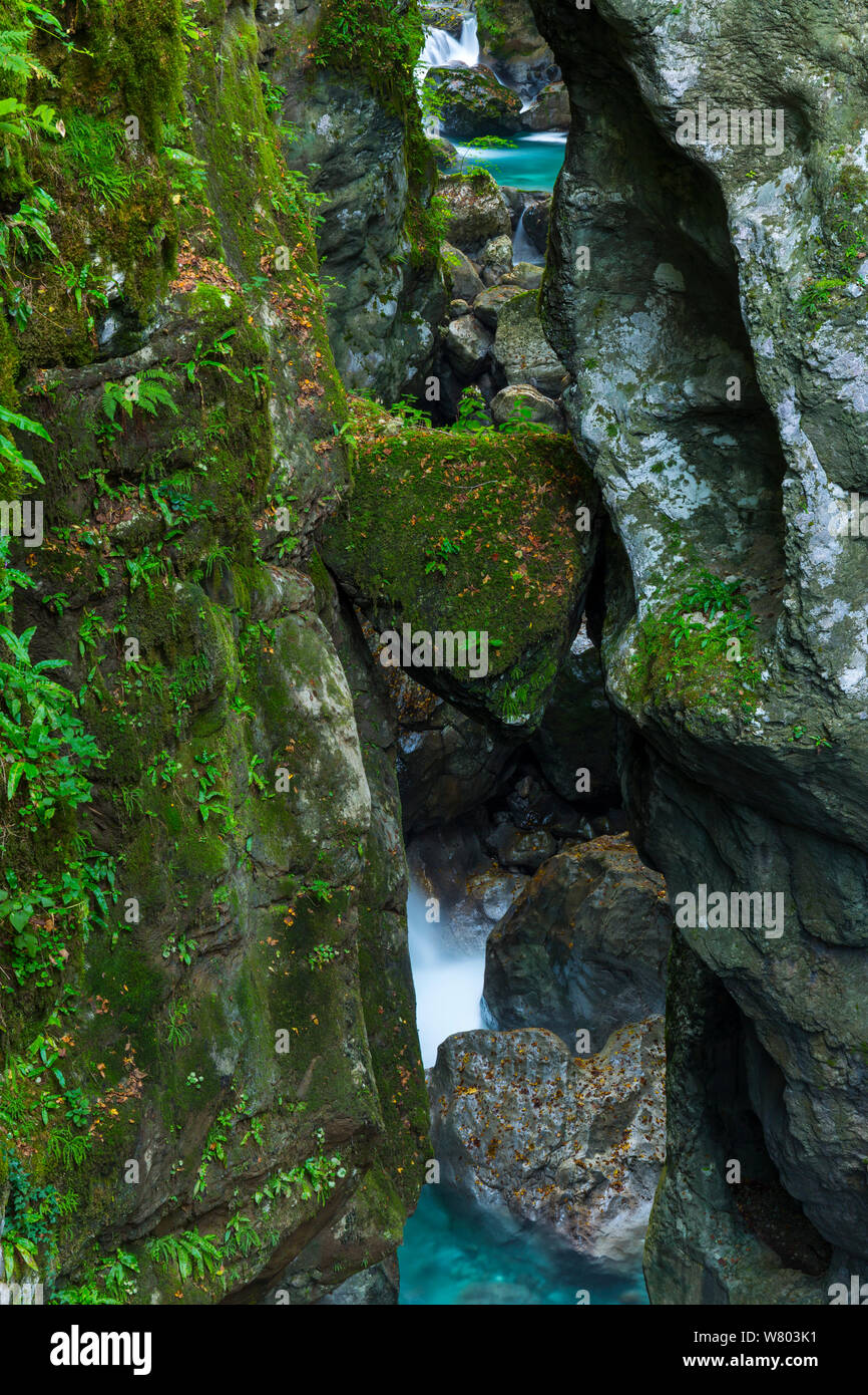 Waterfall in Tolmin Gorges, Soca Valley, Triglav National Park, Julian Alps, Slovenia, October 2014. Stock Photo