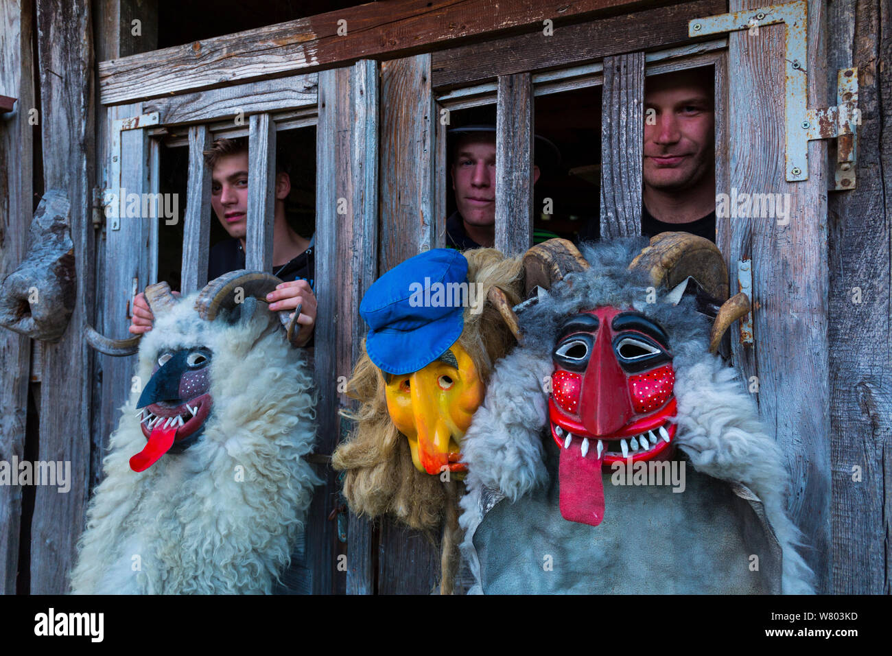 Masks used for the Dreznica Carnival, Dreznica, Julian Alps, Slovenia, October 2014. Stock Photo