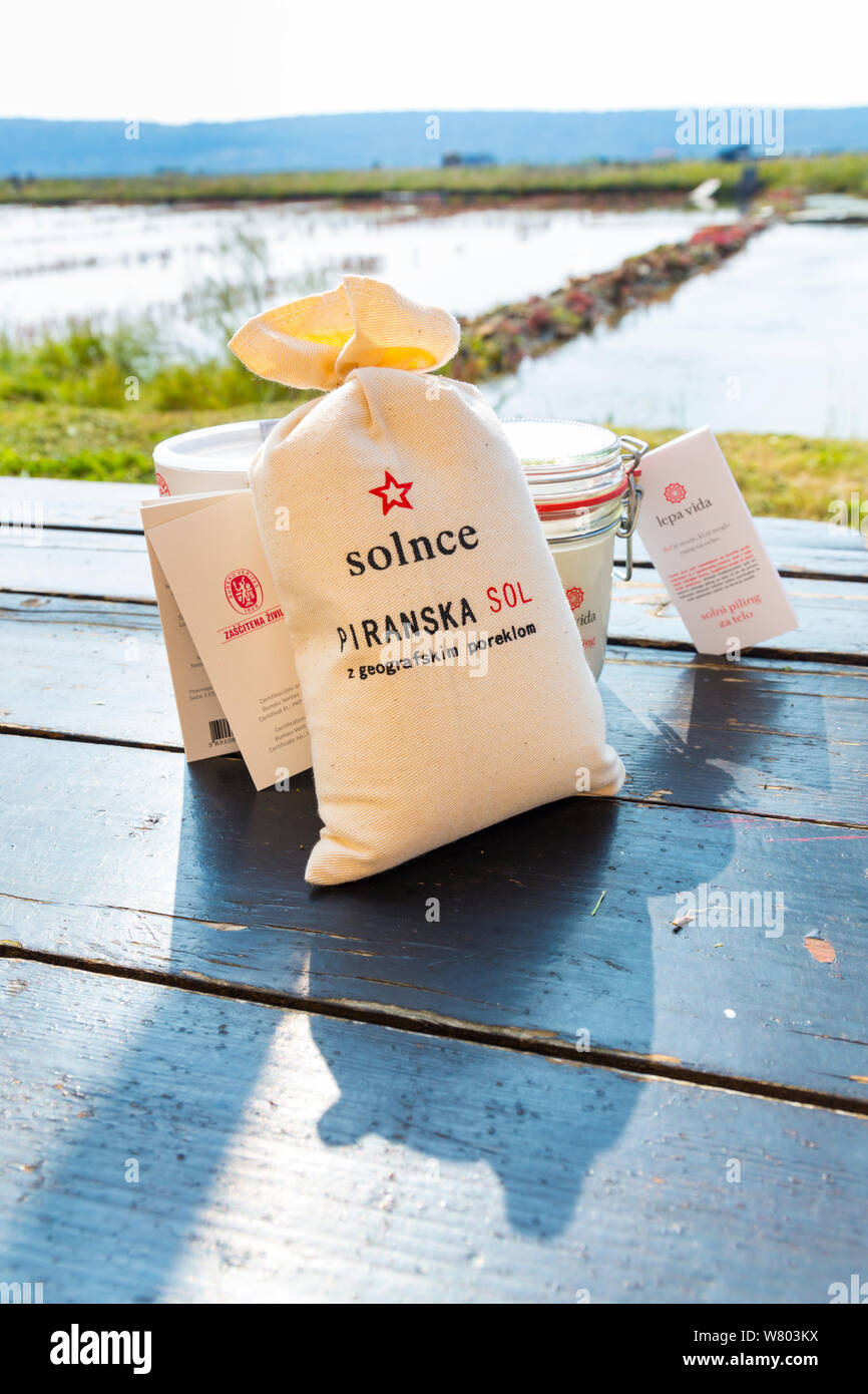 Packaged salt for sale from nearby salt pans, Lepa Vida Spa, Secovlje Saline Nature Park, Slovenia, October 2014. Stock Photo
