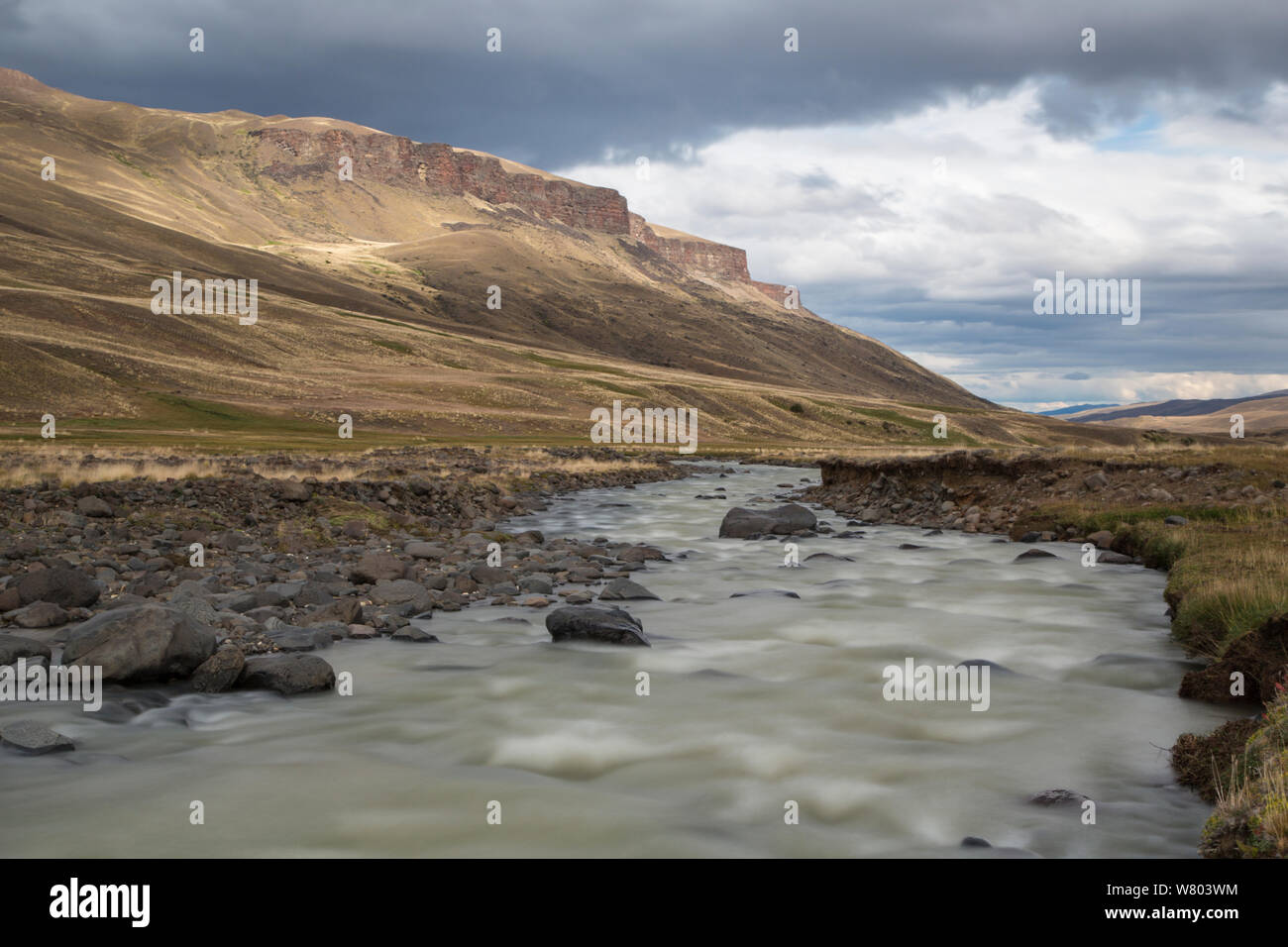 Landscape with Baguales River, Sierra Baguales, Patagonia, Chile, March 2015. Stock Photo