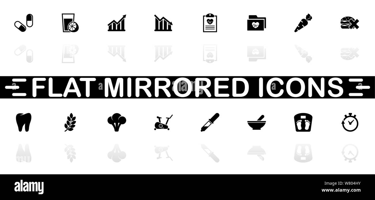Healthy Lifestyle icons - Black symbol on white background. Simple illustration. Flat Vector Icon. Mirror Reflection Shadow. Can be used in logo, web, Stock Vector