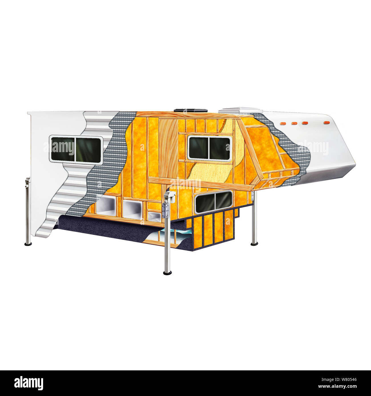 Truck camper crosssection showing the construction of wood