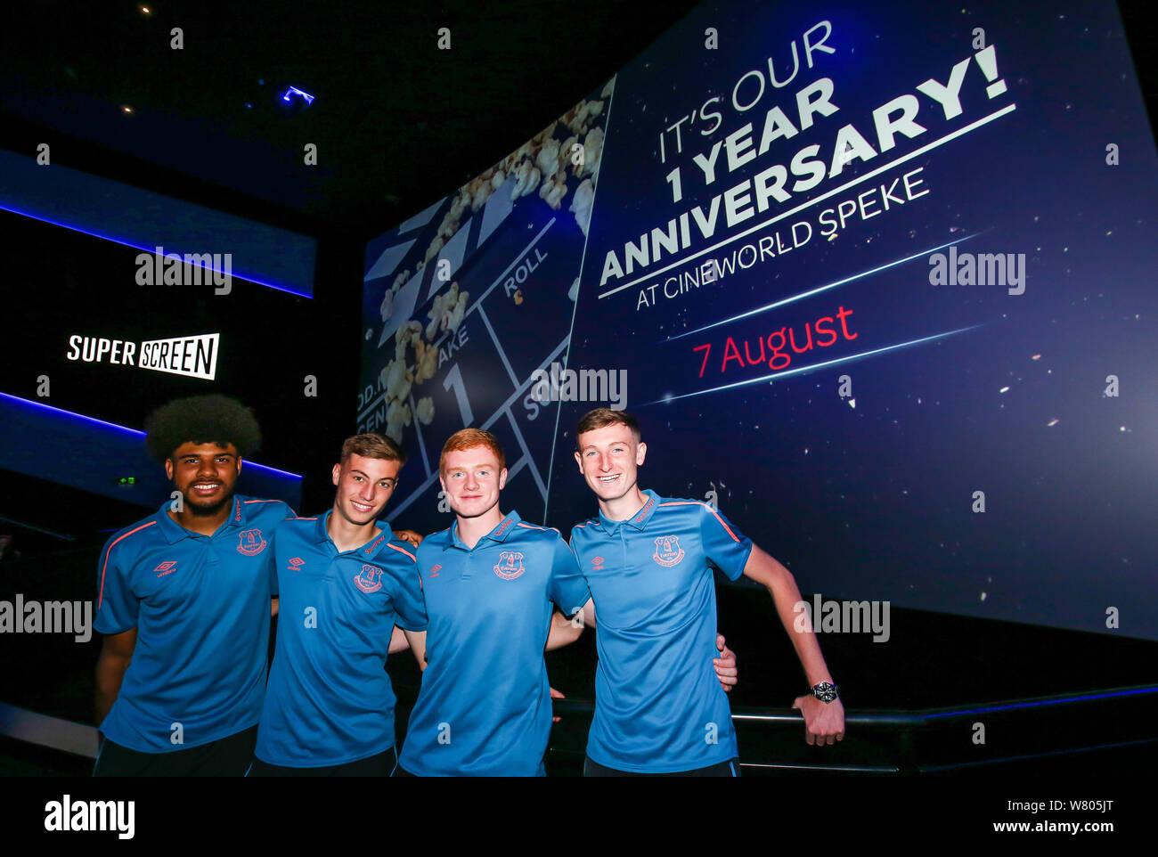 Everton U23 players Ellis Simms, Joe Anderson, Ryan Astley and captain Morgan Feeney pose for a picture during the Cineworld Speke Anniversary and Everton in the Community Screening in Liverpool. Stock Photo