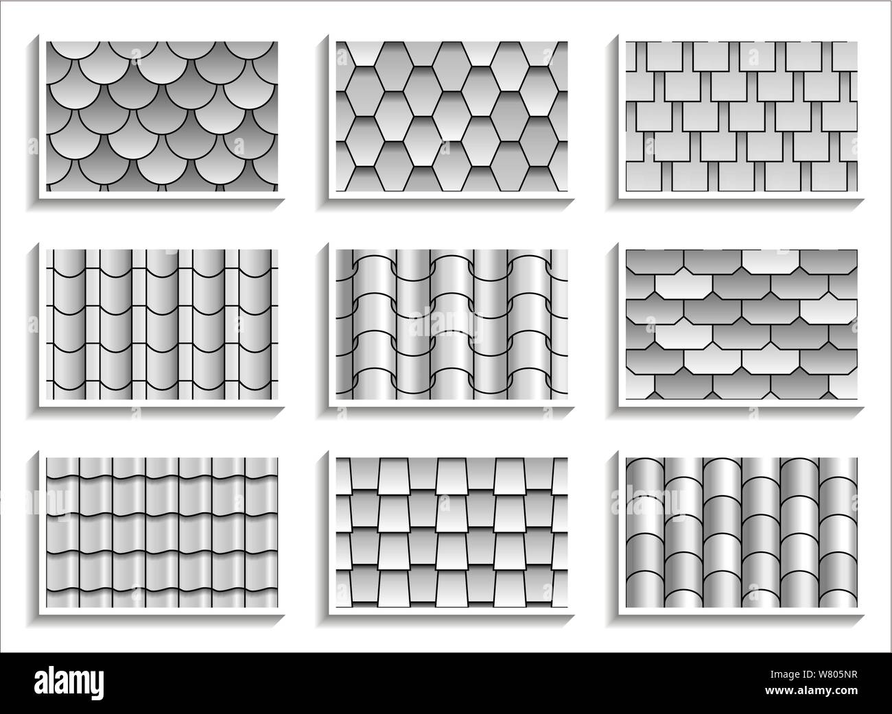 Set of grayscale seamless roof tiles textures. Black-and-white graphic patterns of rooftop materials Stock Vector