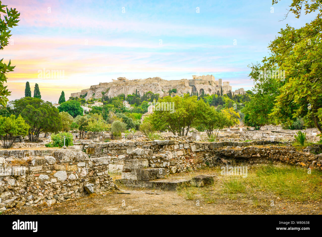 Athens Acropolis Hill. The Parthenon and Acropolis from the Ancient Greek gora below in Athens Greece Stock Photo