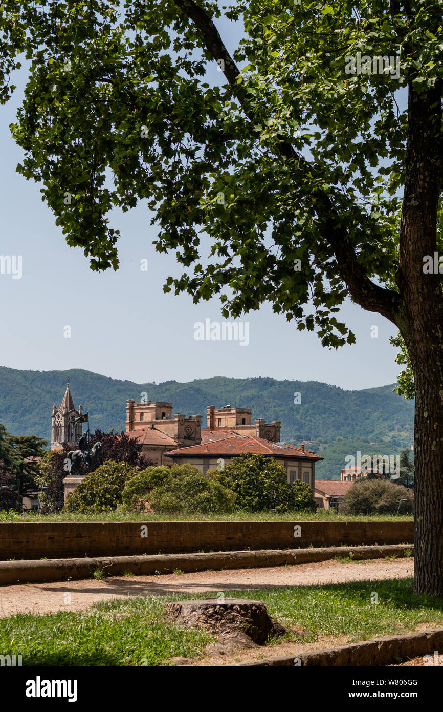 Scenic view from Lucca city walls towards the Equestrian Monument at Piazza Risorgimento. Stock Photo