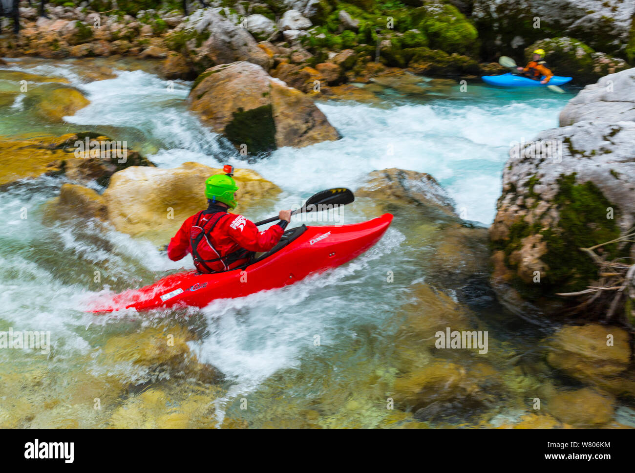 Kayak  in the Soca river, Julian Alps, Bovec, Slovenia, October 2014. Stock Photo