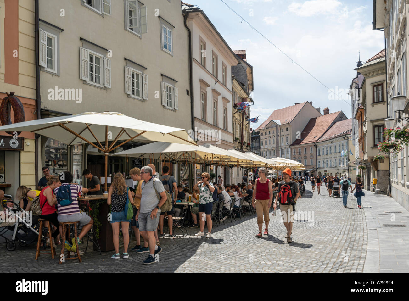 Ljubljana, Slovenia. August 3, 2019.   Outdoor restaurants on a city center street Stock Photo