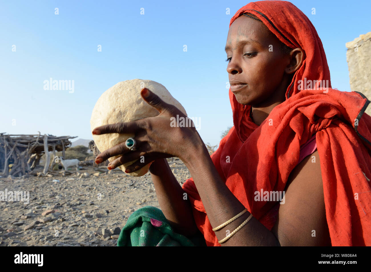 Afar tribe woman kneading a bread loaf before baking it, Malab-Dei village, Danakil depression, Afar region, Ethiopia, March 2015. Stock Photo