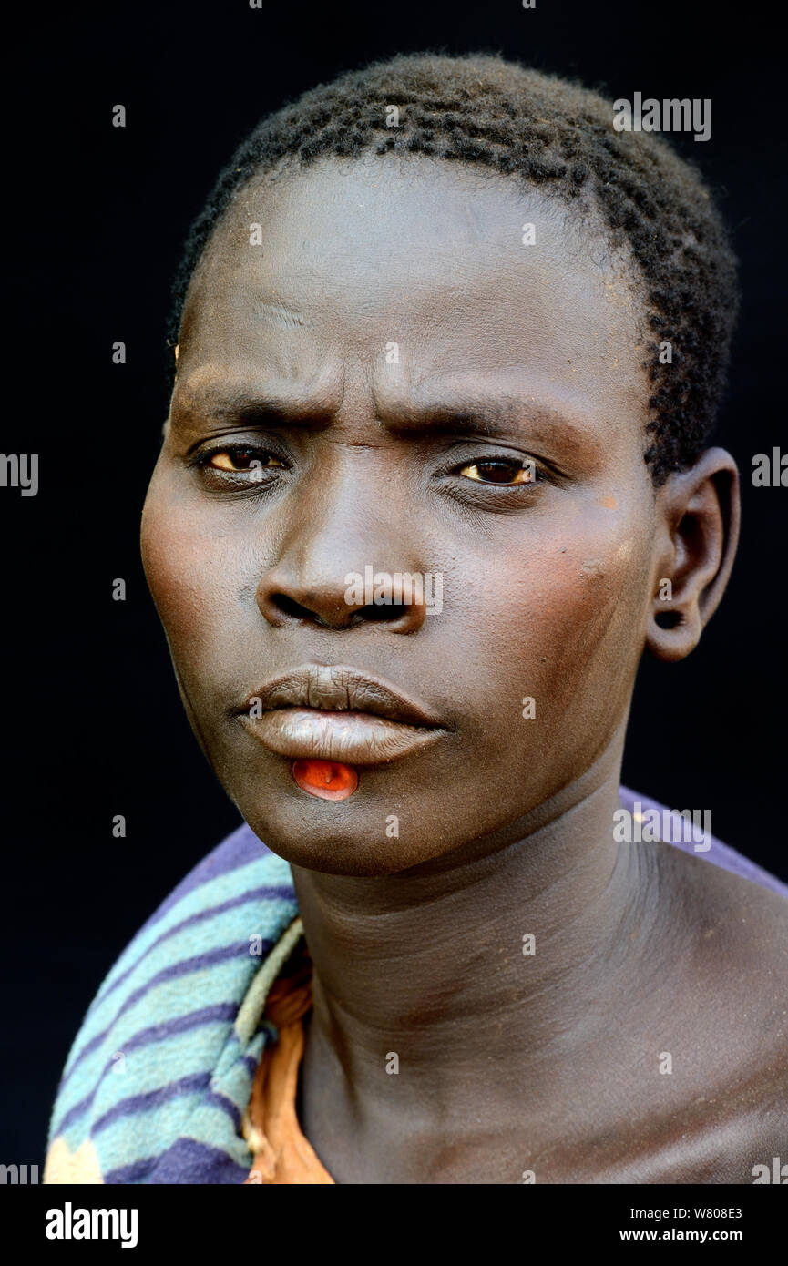 Woman from the Bodi tribe with chin decoration, Omo Valley, Ethiopia, March 2015. Stock Photo