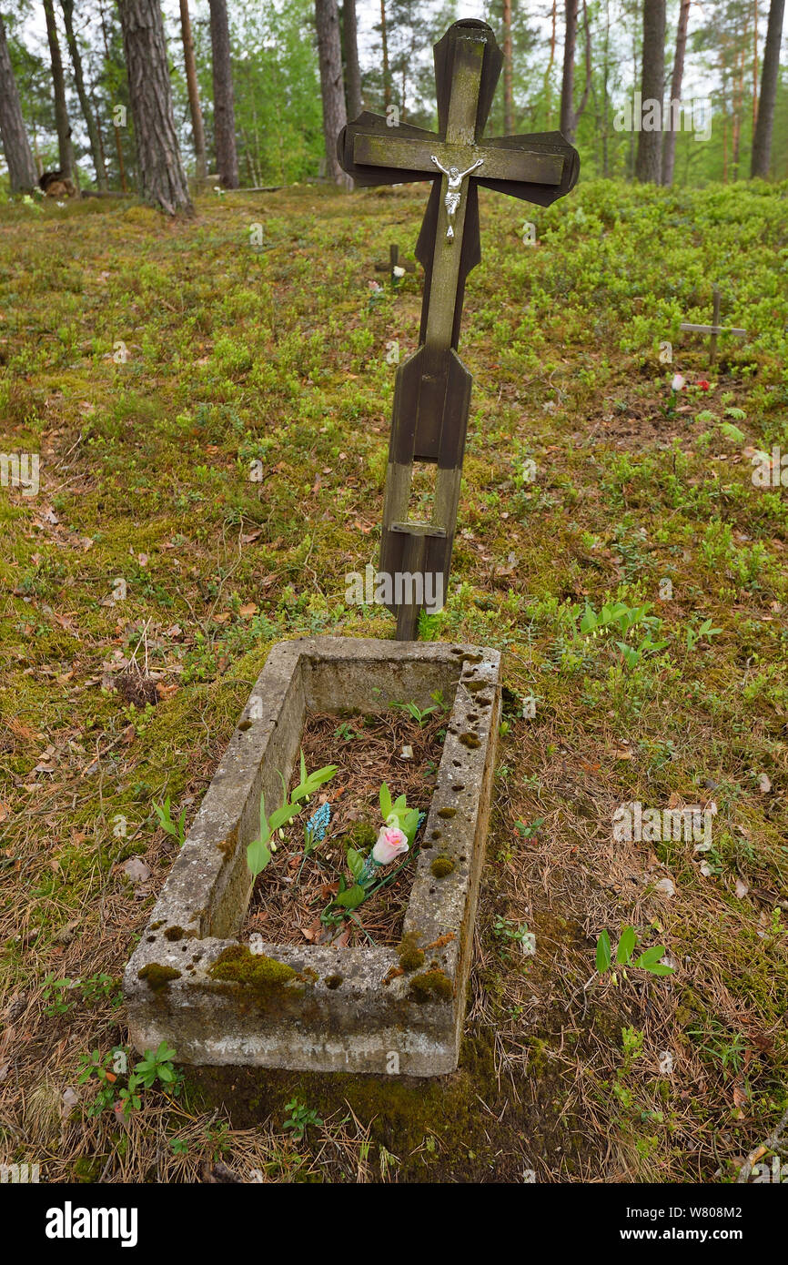 Old graves, in Musteika Village, Lithuania,  May 2015. Stock Photo