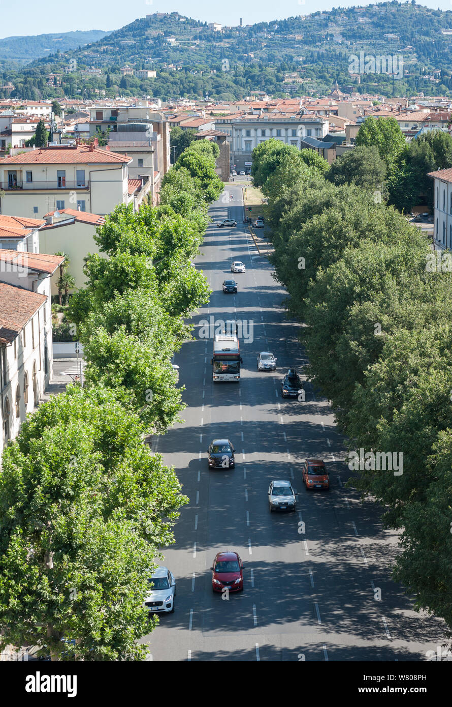 The Giovine Italia Avenue, in Florence, view from the top of the Zecca Tower. Traffic is moving smoothly in a summer day. Stock Photo