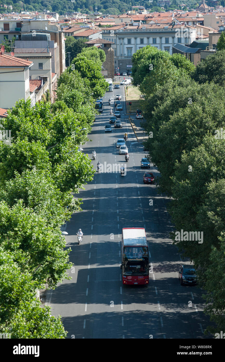 The Giovine Italia Avenue, in Florence, view from the top of the Zecca Tower. Traffic is moving smoothly in a summer day. Stock Photo