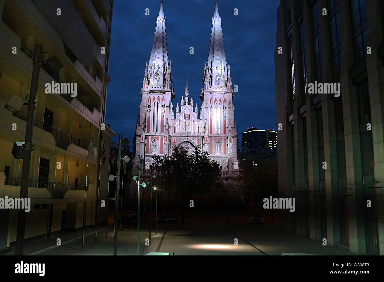 St. Nicholas Roman Catholic Cathedral is lit in the evening, Kyiv