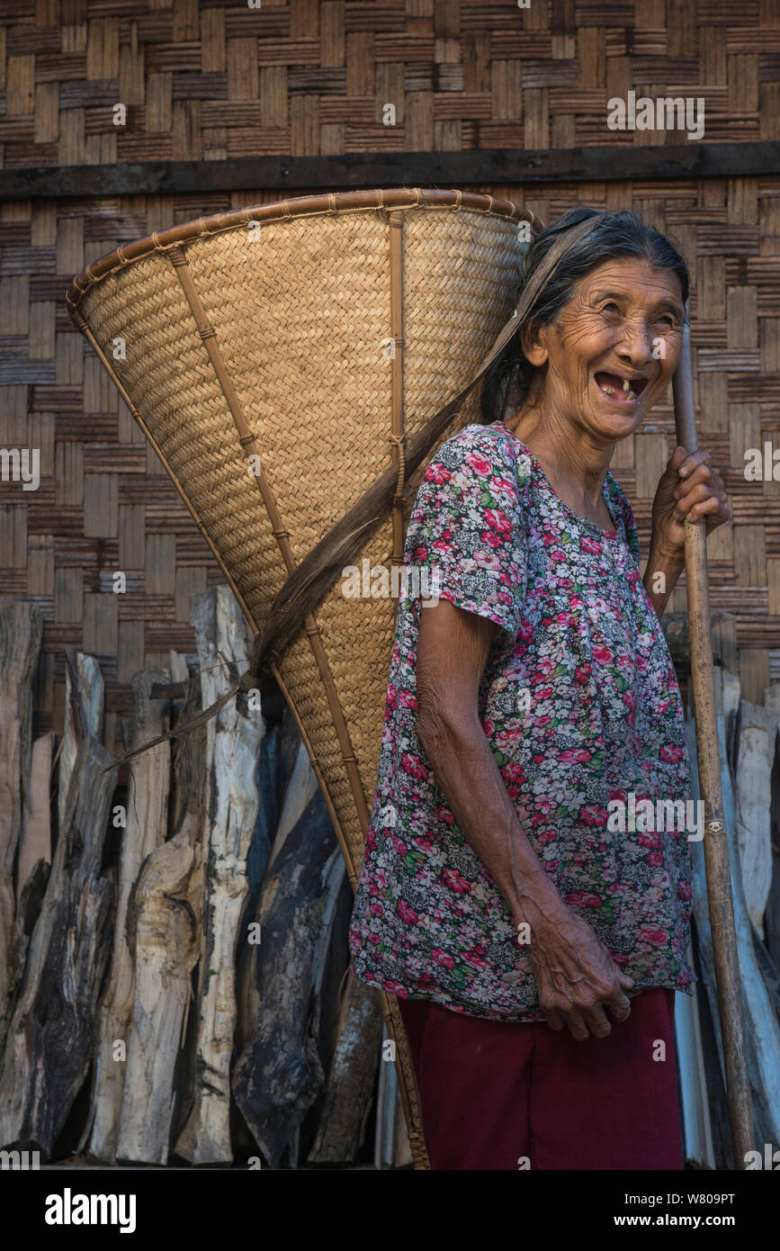 Ao Naga carrying rice basket, Mokokchung district. Nagaland, North East India, October 2014. Stock Photo