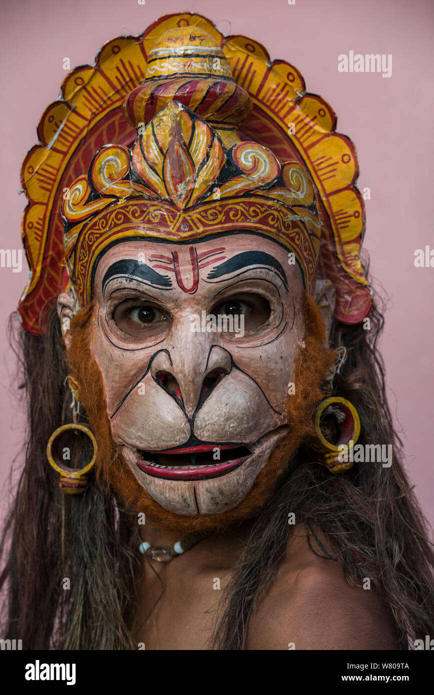 Mising tribe man in Hanuman mask, Raas festival. Mising Tribe, Majuli Island, Brahmaputra River, Assam, North East India. Stock Photo